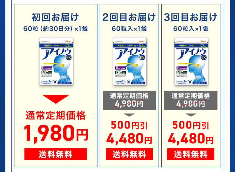初回お届け 60粒（約30日分）×1袋 通常定期価格1,980円 送料無料 2回目お届け 60粒入×1袋 通常定期価格4,980円 → 500円引 4,480円 送料無料 3回目お届け 60粒入×1袋 通常定期価格4,980円 → 500円引 4,480円 送料無料