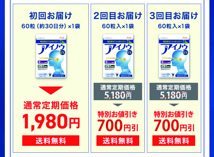初回お届け 60粒（約30日分）×1袋 通常定期価格1,980円 送料無料 2回目お届け 60粒入×1袋 通常定期価格4,980円 → 500円引 4,480円 送料無料 3回目お届け 60粒入×1袋 通常定期価格4,980円 → 500円引 4,480円 送料無料