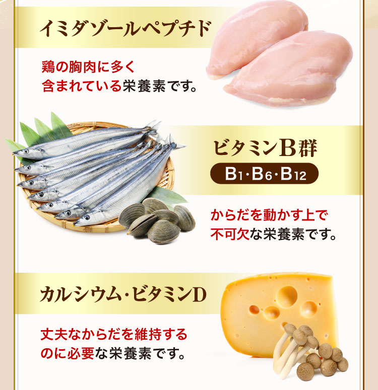 イミダゾールペプチド ビタミンB群(B1・B6・B12) カルシウム・ビタミンD