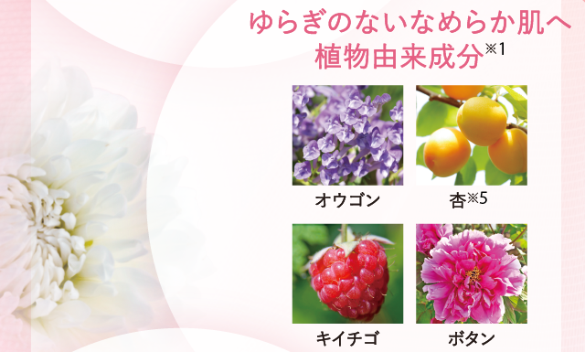 ゆらぎのないなめらか肌へ　植物由来成分※1　オウゴン　杏※5　キイチゴ　ボタン