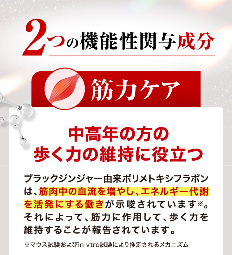 2つの機能性関与成分「筋力ケア」中高年の方の歩く力の維持に役立つ