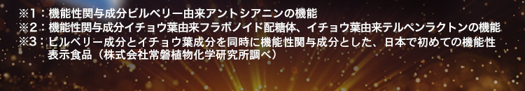 ※1：機能性関与成分ビルベリー由来アントシアニンの機能 ※2：機能性関与成分イチョウ葉由来フラボノイド配糖体、イチョウ葉由来テルペンラクトンの機能 ※3：株式会社常盤植物化学研究所調べ