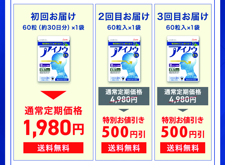 初回お届け 60粒（約30日分）×1袋 通常定期価格1,980円 送料無料 2回目お届け 60粒入×1袋 通常定期価格4,980円 → 500円引 4,480円 送料無料 3回目お届け 60粒入×1袋 通常定期価格4,980円 → 500円引 4,480円 送料無料