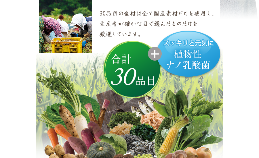 30品目の食材は全て国産素材だけを使用し、生産者が確かな目で選んだものだけを厳選しています。合計30品目＋スッキリと元気に植物性ナノ乳酸菌