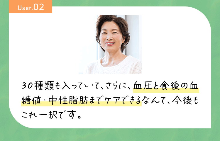 User02 30種類も入っていて、さらに、血圧と食後の血糖値・中性脂肪までケアできるなんて、今後もこれ一択です。